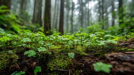 Fototapeta premium Lush green forest floor with clover and moss, showcasing a peaceful and tranquil natural environment
