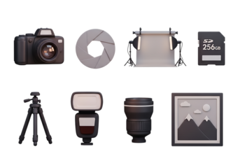 3d icon of photography equipment set including a camera, lens, tripod, flash, lighting, memory card, and framed picture isolated on transparent background