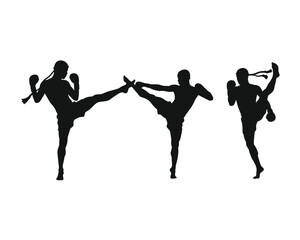 Silhouettes of three muay thai fighters performing high kicks in a dynamic sequence against a white background
