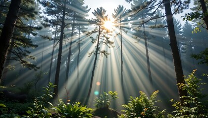 a serene forest setting with rays of sunlight streaming through the canopy and illuminating the ground below