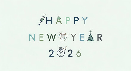 Festive New Year greeting with stylized text, champagne, and a clock, celebrating the year 2026.