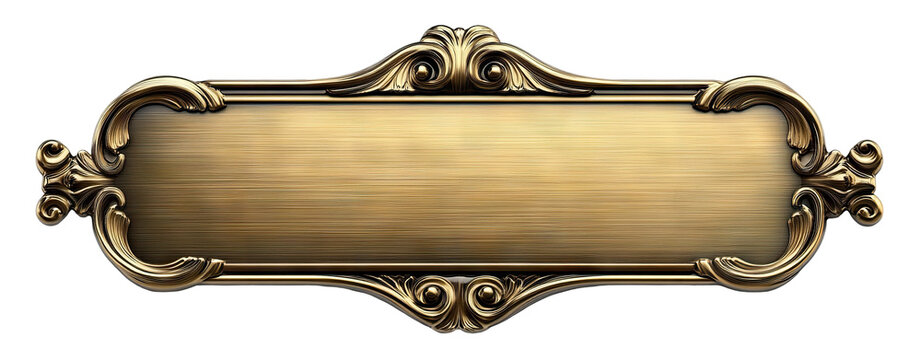 Ornate brass nameplate with vintage floral decoration, isolated on transparent cutout background