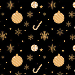 Christmas ornament seamless pattern.Merry Xmas repeat pattern with Christmas balls, gifts, candy canes and snowflakes.Luxury winter, new year pattern in gold isolated on black background.