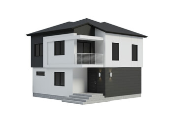 A sleek, minimalist two-story modern house with white and dark gray panels, black-framed windows, balcony, concrete steps, topiary plant on transparent, commercial product photography, concept of