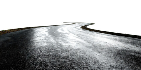 Curved wet asphalt road, isolated on transparent cutout background