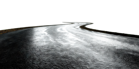 Curved wet asphalt road, isolated on transparent cutout background