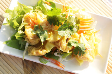 Gyoza or Shumai - Soy Sauce - Chinese food is fresh and ready to be served, it is popular in Asia and the warm morning sunshine makes it even more appetizing.