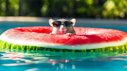Content rat rocking stylish shades enjoying pool day on watermelon float 32k, full ultra hd, high resolution