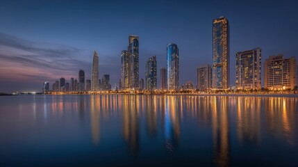 Obraz premium Urban Skyline at Night Reflecting on Calm Water, showcasing Modern Architecture and City Lights