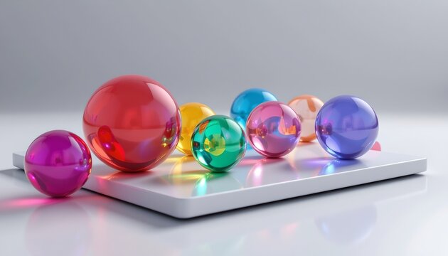 a collection of spherical objects in vibrant colors is arranged neatly on a white platform or tray, which sits on a flat surface against a nondescript background