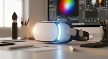 Virtual Reality Headset on a Designer's Desk Scenery