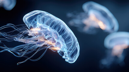 Obraz premium Glowing translucent jellyfish with flowing tentacle light