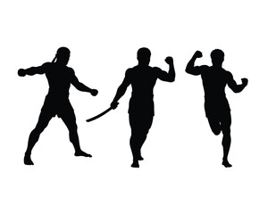 Dynamic silhouettes of three athletes in motion capturing the energy of sports and competition