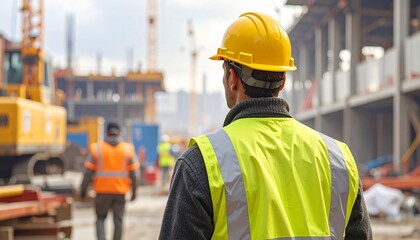 a construction worker from the back, wearing a yellow hard hat and a reflective safety vest, overlooking a construction site. Other workers and construction equipment are visible in the background