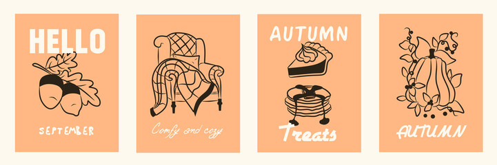 Autumn season minimalist cards with acorn, leaves, pie, pumpkin. Whimsical wall art, restaurant, poster, cover, banner, card, flyer. Creative design templates ads, web, label, branding, social media.
