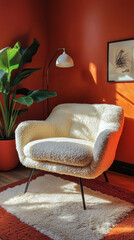 Cozy eclectic room with boucle texture and bold orange finishes