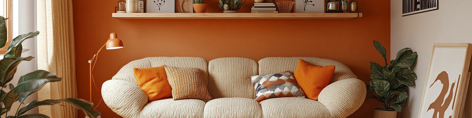 Cozy nook with boucle sofa, eclectic shelf decor, and orange tones