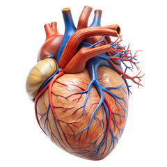 Detailed anatomical illustration of a human heart with arteries and veins, isolated on transparent background, representing life, health, and cardiology