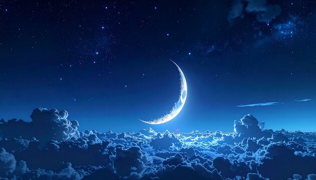 A serene night sky featuring a crescent moon glowing above fluffy clouds and twinkling stars