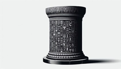 Ancient stone column with intricate carvings on a plain background  