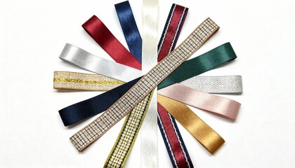 Fototapeta premium Variety of decorative ribbons arranged in a circle on a white background showcasing textures and colors