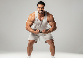 Fitness model flexing arms in white shorts