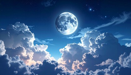 Obraz premium A serene night sky featuring a bright full moon surrounded by fluffy clouds and twinkling stars.