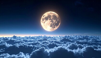 A breathtaking view of a full moon illuminating a sea of clouds in a night sky.