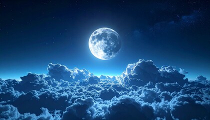 Obraz premium A breathtaking view of a full moon illuminating the night sky over fluffy clouds at twilight.
