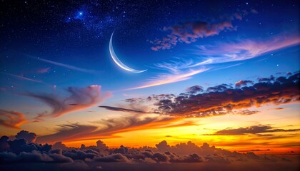 A breathtaking sunset sky with vibrant colors and a crescent moon illuminating the clouds