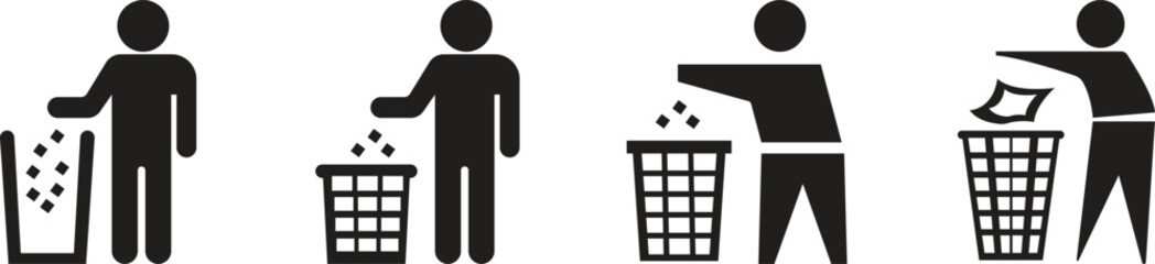 Trash Can Icon set. Simple, clean, and modern illustration of a trash can icon, perfect for websites, apps, and graphic design projects. Vector illustration of Man with Dustbin icon.
