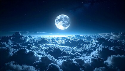 A luminous full moon illuminating a serene sky filled with fluffy clouds at night