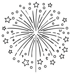 Stylized Firework Burst with Stars and Circles in Simple Black and White Graphic Style