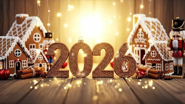 Glittering numbers text 2026 signify the upcoming happy New Year. Gingerbread houses, cinnamon bundles and Nutcrackers are on display, creating a festive setting. Warm glow emanates
