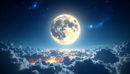 Obraz premium A breathtaking view of a luminous full moon shining brightly above fluffy clouds at night