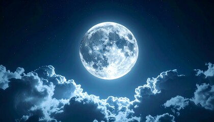 Obraz premium A luminous full moon surrounded by soft, wispy clouds in a night sky filled with stars