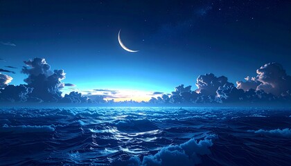 A serene ocean view at twilight featuring a crescent moon and dramatic cloud formations