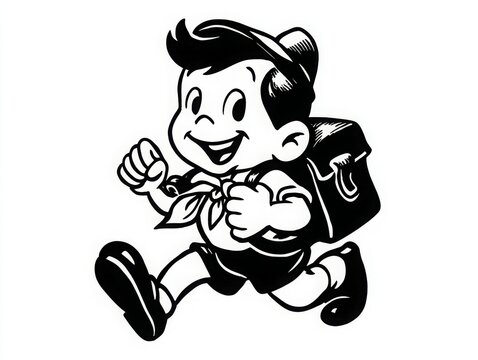 child, 1950s vintage cartoon character, smiling, Child with a school backpack, fun pose, first day of school,
school enrollment, flat white background