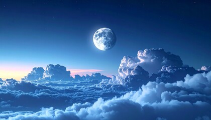 A breathtaking view of a luminous moon shining over a sea of fluffy clouds at twilight.