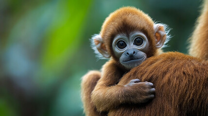 Curious gibbon infant peers over mothera??s shoulder in rainforest 32k, full ultra hd, high resolution