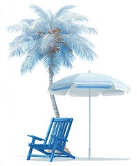 Blue beach chair, umbrella, palm tree