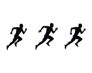 Three dynamic black silhouettes of male athletes in mid stride during a sprint race on a white background