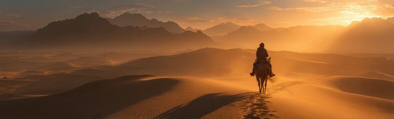 Equestrian silhouette traversing a desert landscape at sunrise