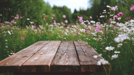 Fototapeta premium Rustic Wooden Tabletop with Blooming Wildflowers in a Lush Green Meadow, Ideal for Spring or Summer Mockups