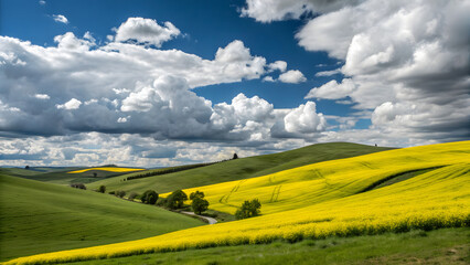 Fototapeta premium Vibrant rolling hills landscape under dramatic clouds and bright sunny sky