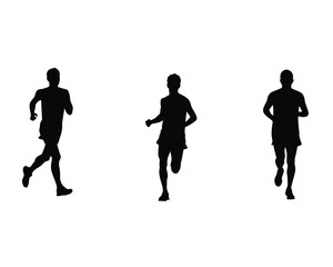 Three silhouetted male runners in motion against a stark white background showcasing athletic movement and fitness