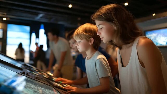 A family explores an interactive science exhibit with buttons glowing screens displaying animations kids pressing levers and a model rocket standing tall depicted in a dynamic