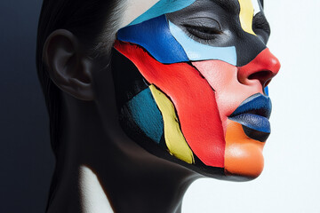 Deconstructed face in bold modernist palette with shadows