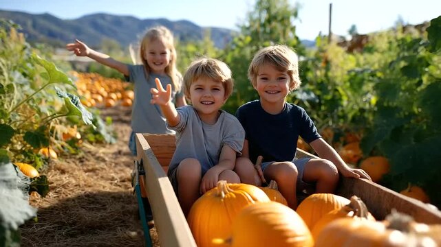 A family gathers pumpkins in a sunny patch with vines sprawling orange gourds piled in a wheelbarrow kids laughing with muddy boots and a scarecrow swaying in the breeze shown