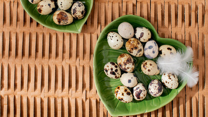 Quail eggs nestled on heart-shaped banana leaves evoke spring equinox rituals, fertility symbolism, and whimsical culinary celebrations